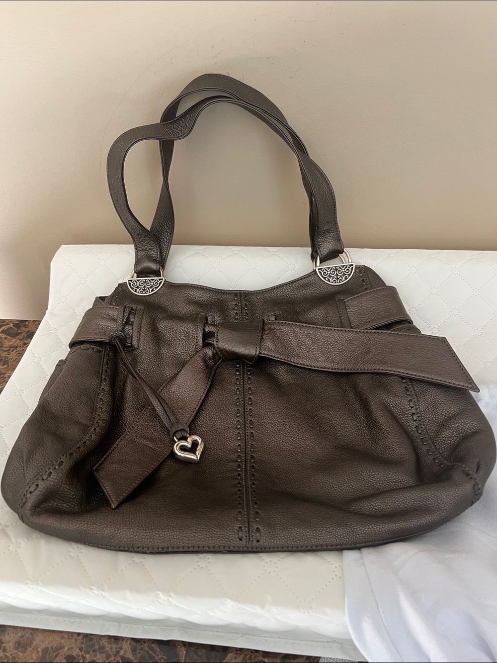 Brighton Dark Gray Leather Shoulder Bag with Heart Charm